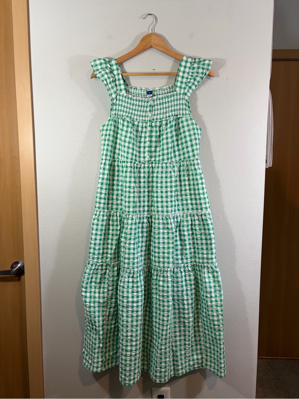 Old Navy Green Gingham Tiered Midi Dress